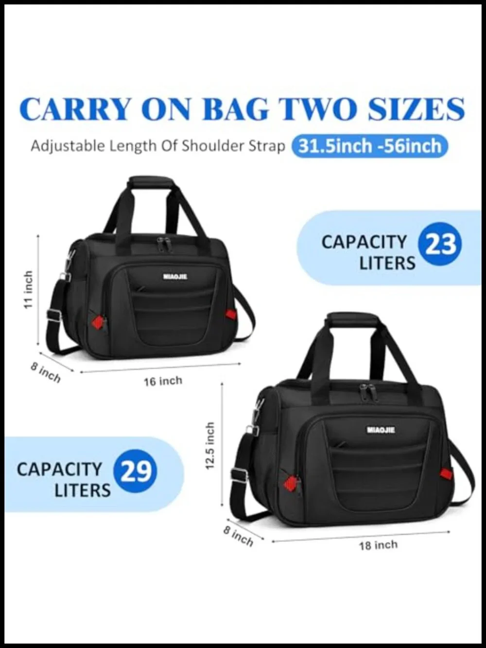 Travel Duffel Bag Airplane Carry On Personal Item Gym Bag 16in Black 23L